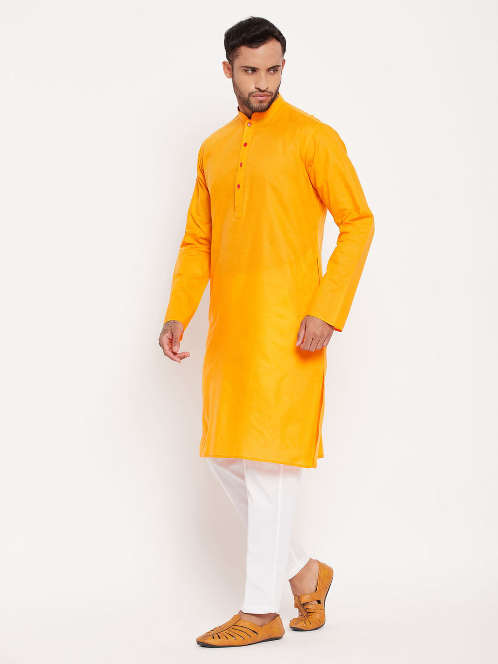 Sarvati Men's Orange Kurta And White Pant Style Pyjama Set