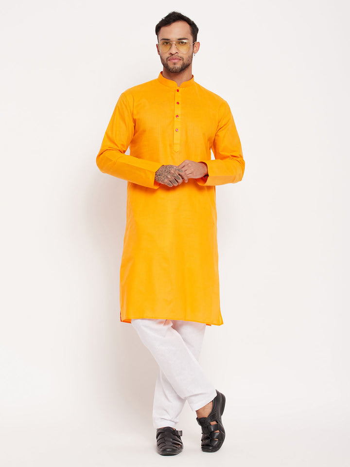 Sarvati Men's Orange Cotton Kurta And White Pyjama Set