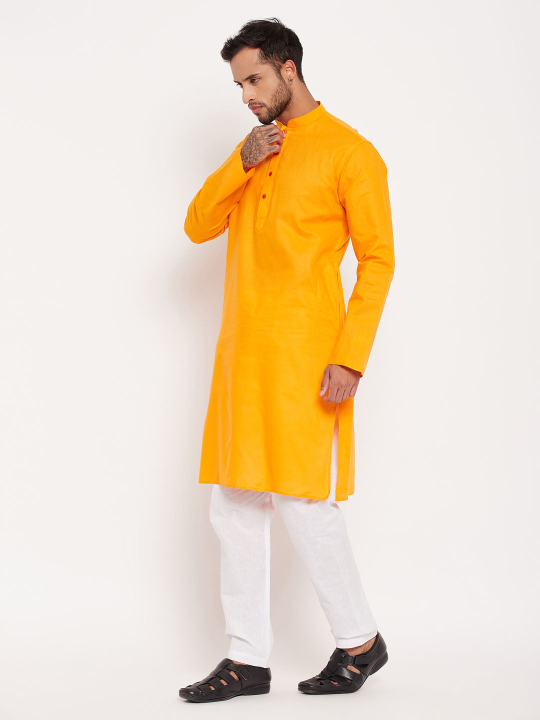 Sarvati Men's Orange Cotton Kurta And White Pyjama Set