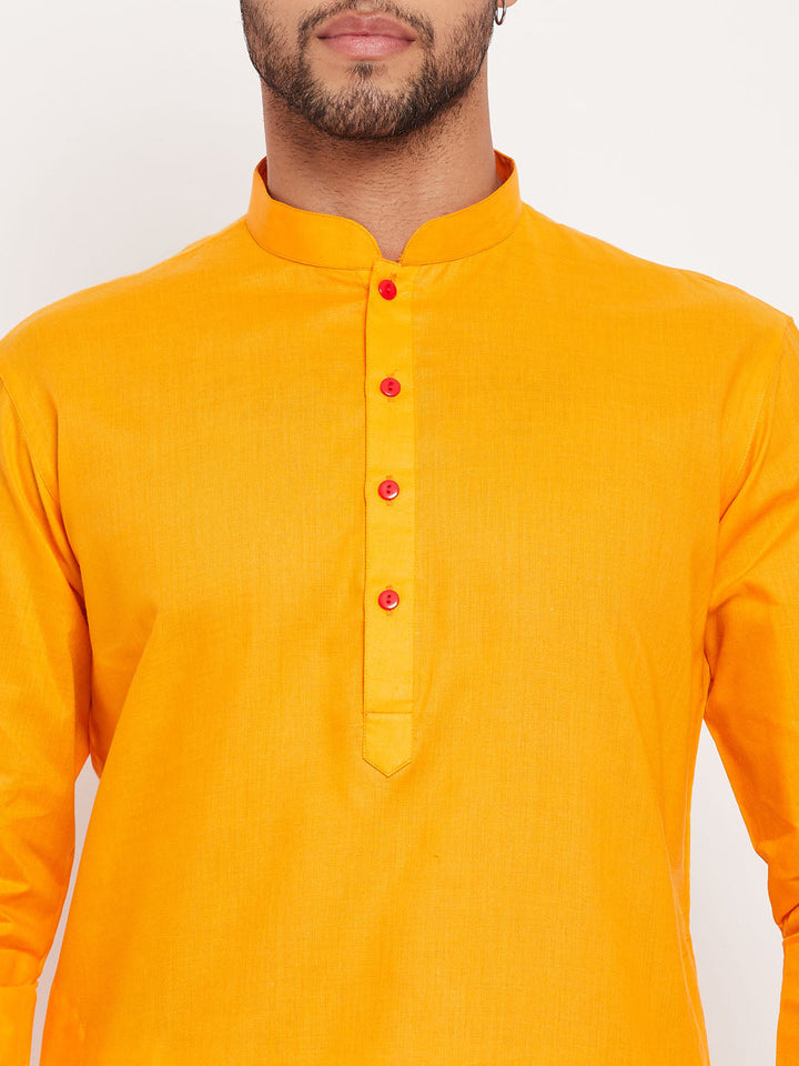 Sarvati Men's Orange Cotton Kurta And White Pyjama Set