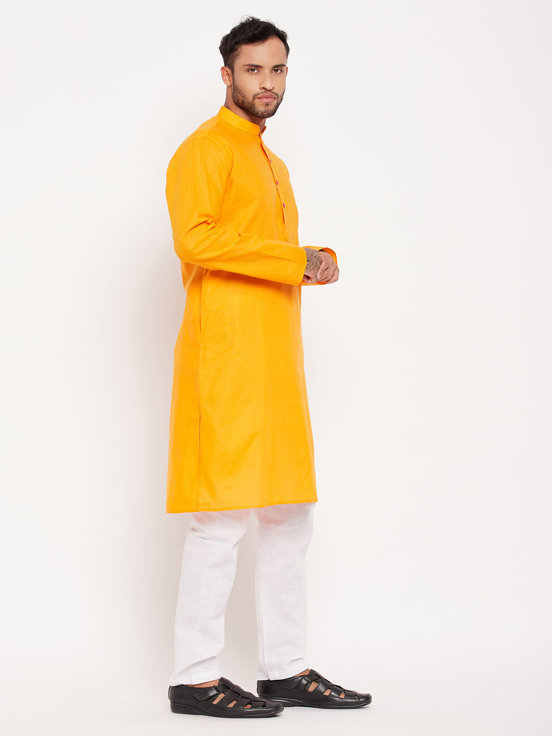 Sarvati Men's Orange Cotton Kurta And White Pyjama Set