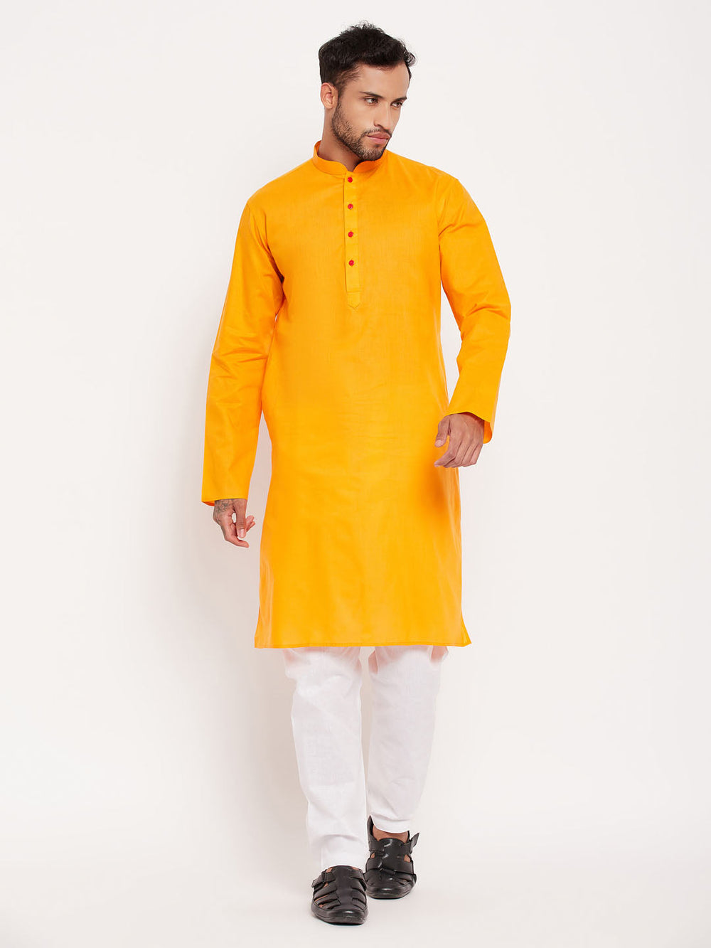 Sarvati Men's Orange Cotton Kurta And White Pyjama Set