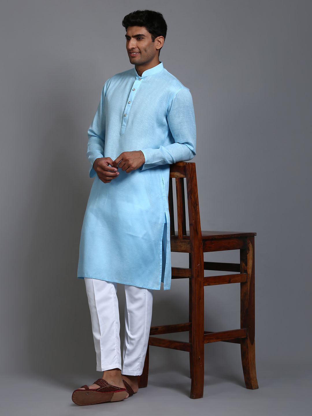 Sarvati Men's Aqua Blue Cotton Kurta with Pant Set