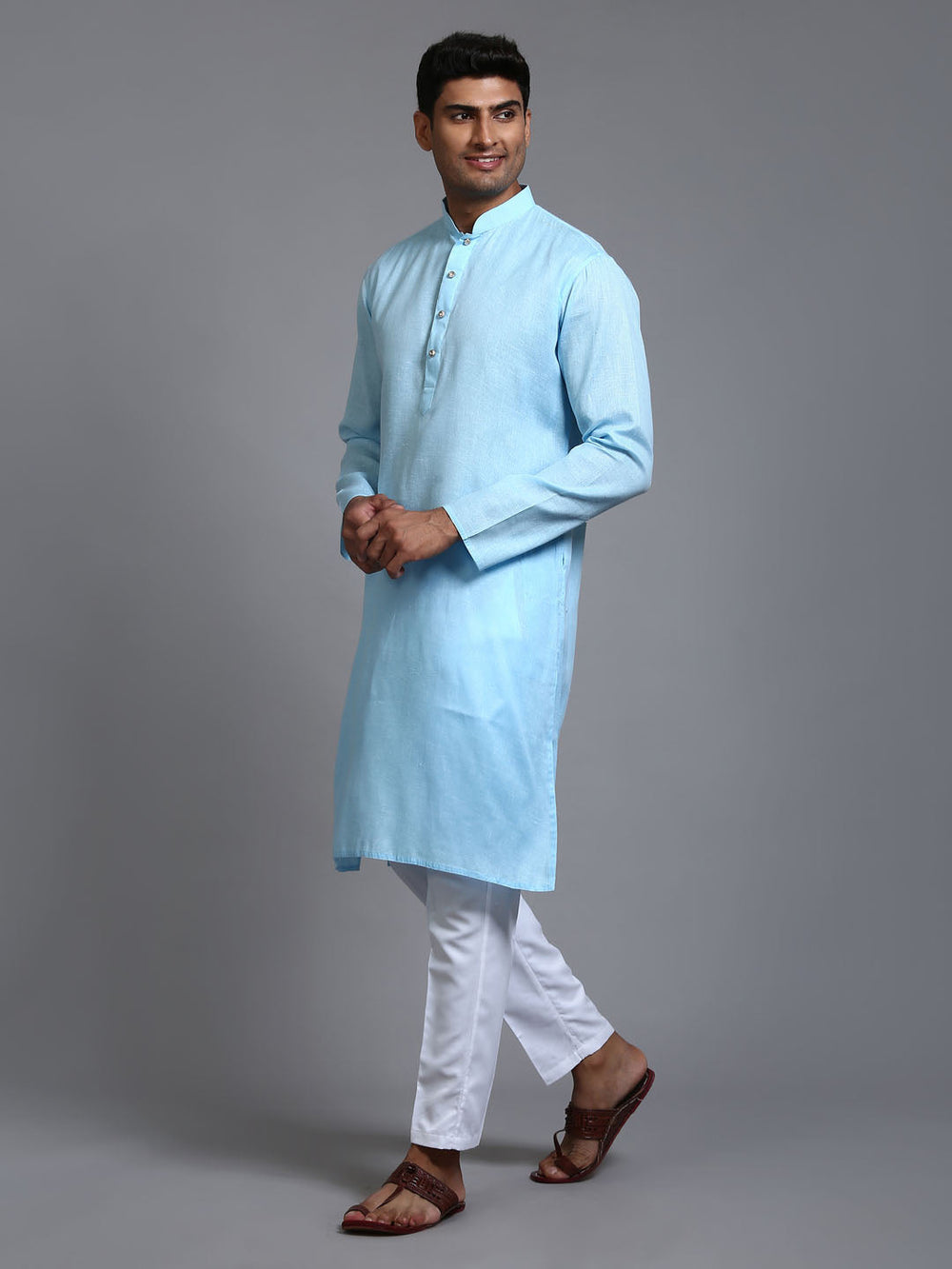 Sarvati Men's Aqua Blue Cotton Kurta with Pant Set