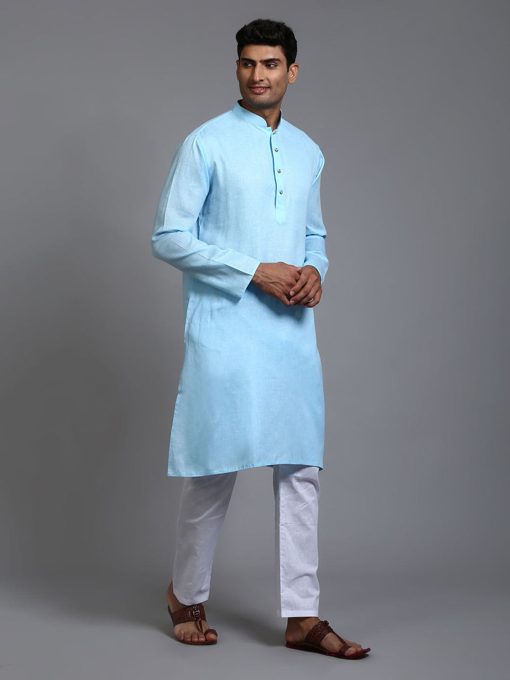 Sarvati Men's Aqua Blue Cotton Kurta Pyjama Set