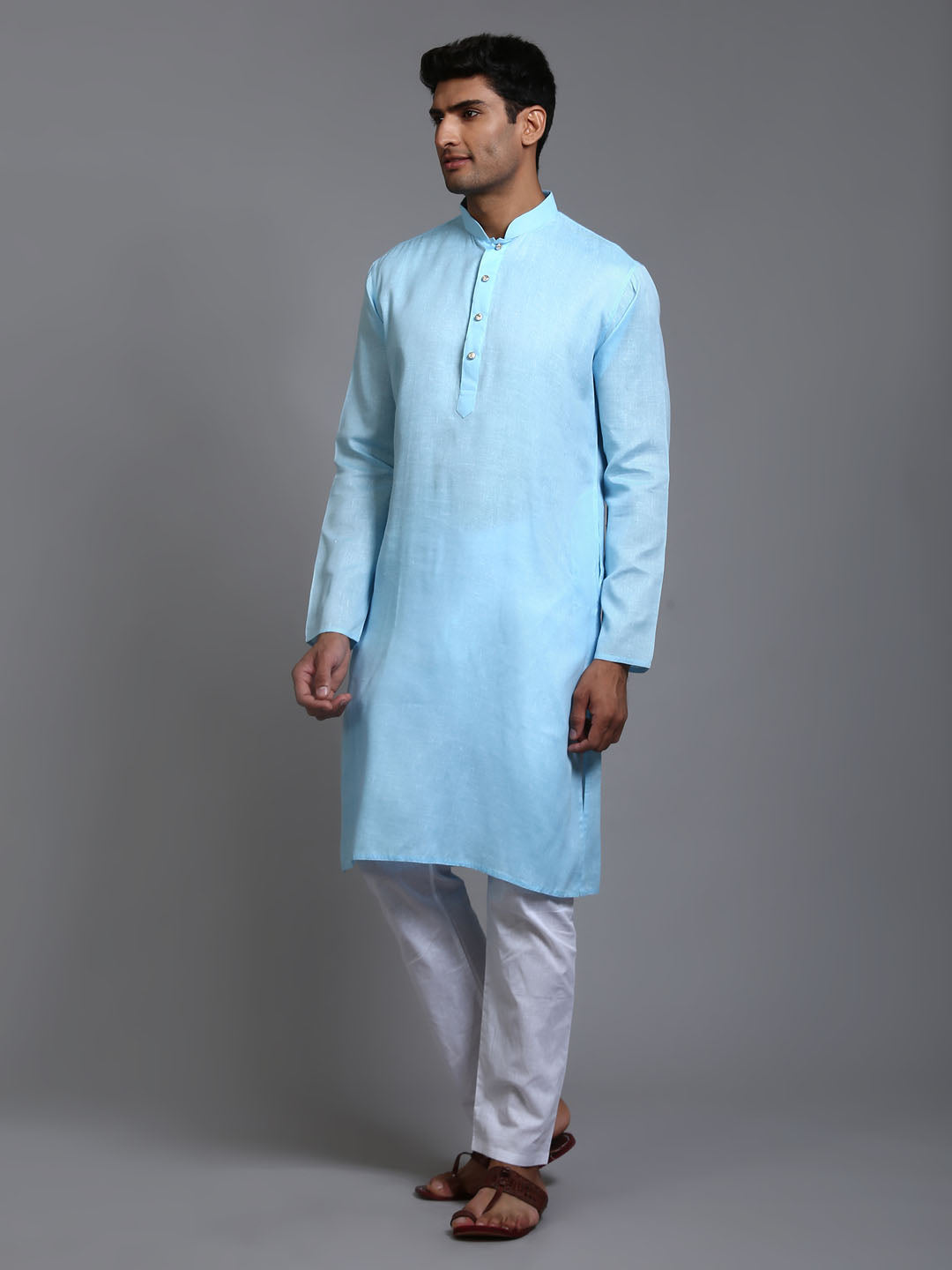 Sarvati Men's Aqua Blue Cotton Kurta Pyjama Set