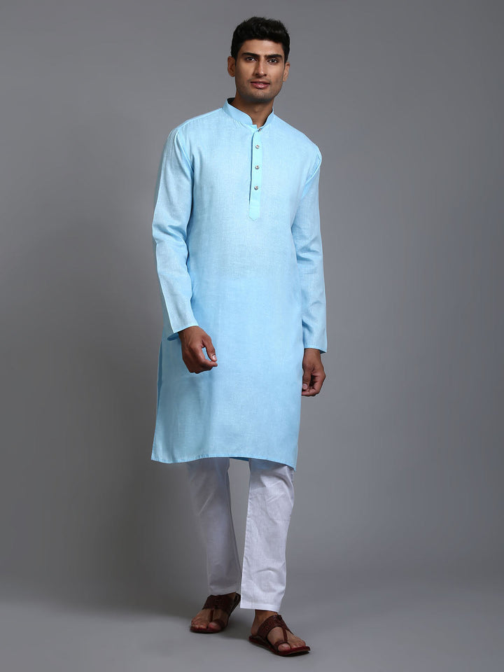 Sarvati Men's Aqua Blue Cotton Kurta Pyjama Set