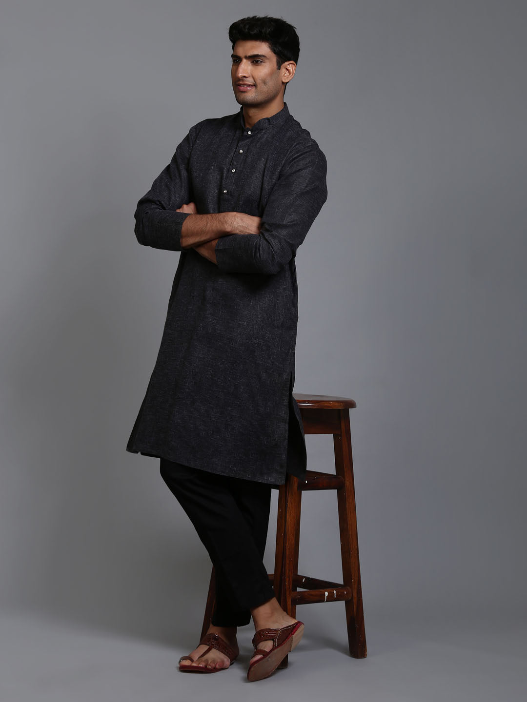 Sarvati Men's Black Cotton Kurta with Pant Set