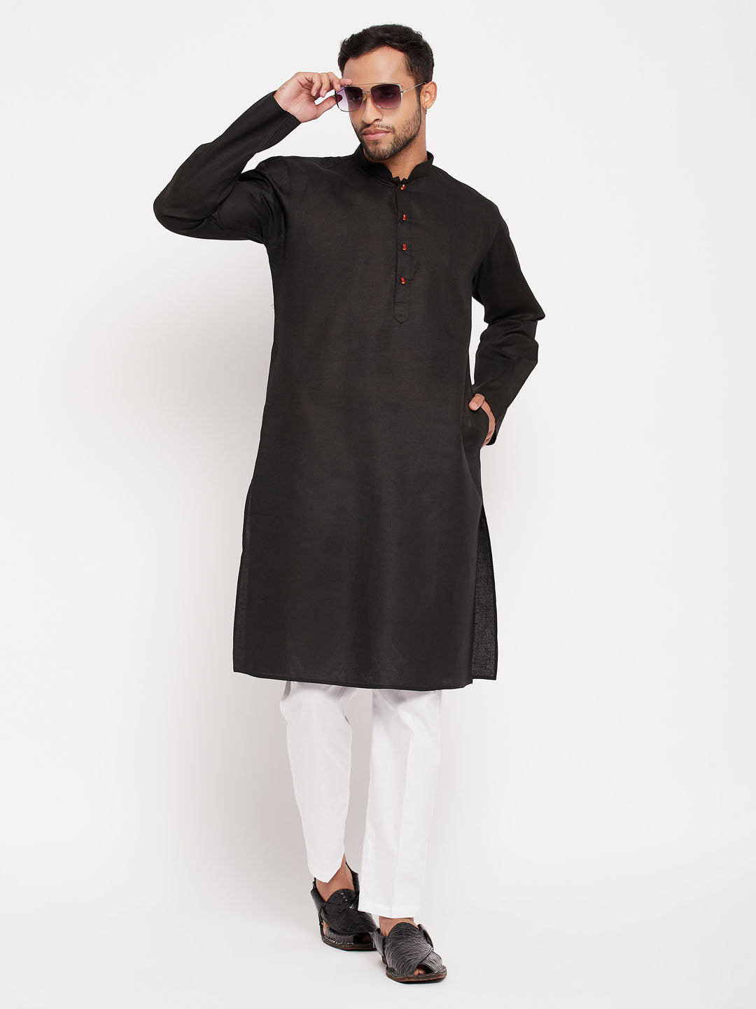 Sarvati Men's Black Kurta And White Pant Style Pyjama Set