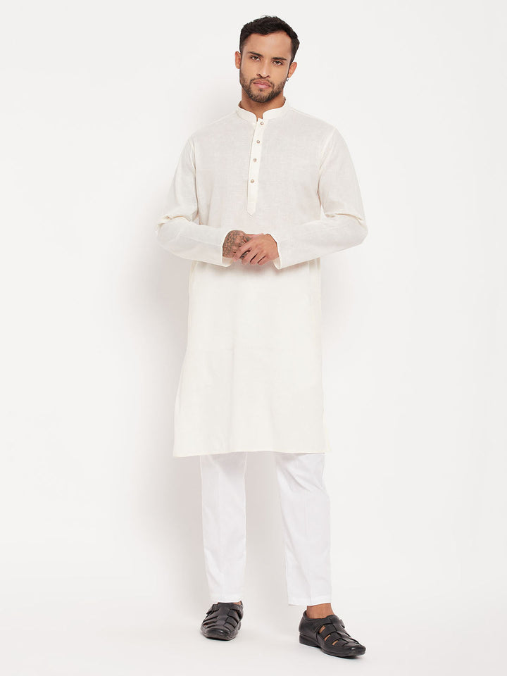 Sarvati Men's Cream Kurta And White Pant Style Pyjama Set