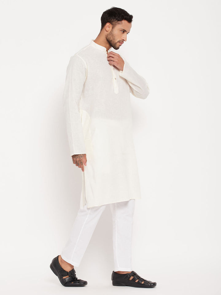 Sarvati Men's Cream Kurta And White Pant Style Pyjama Set