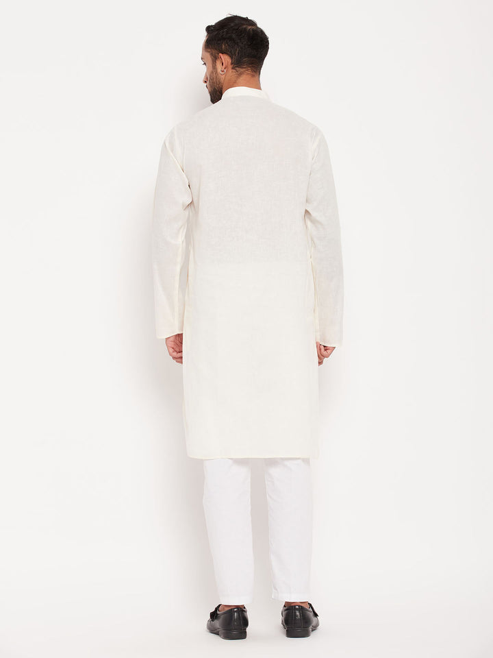 Sarvati Men's Cream Kurta And White Pant Style Pyjama Set