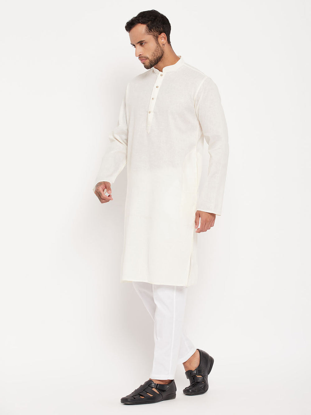 Sarvati Men's Cream Kurta And White Pant Style Pyjama Set