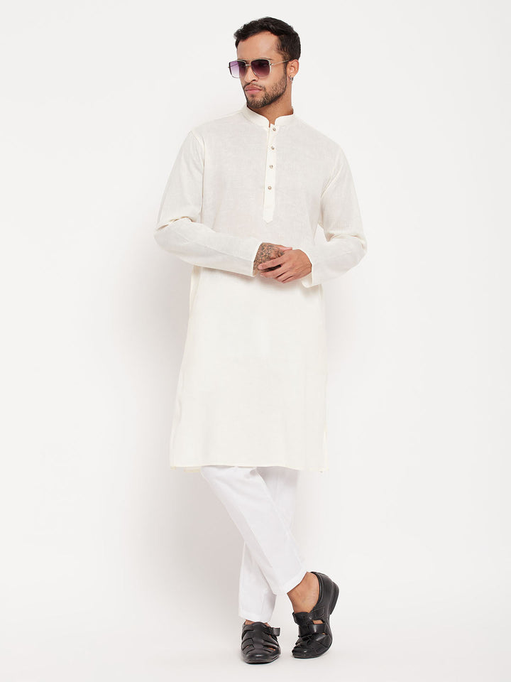 Sarvati Men's Cream Kurta And White Pant Style Pyjama Set