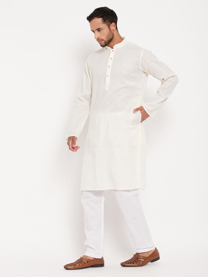 Sarvati Men's Cream Kurta With White Pyjama Set