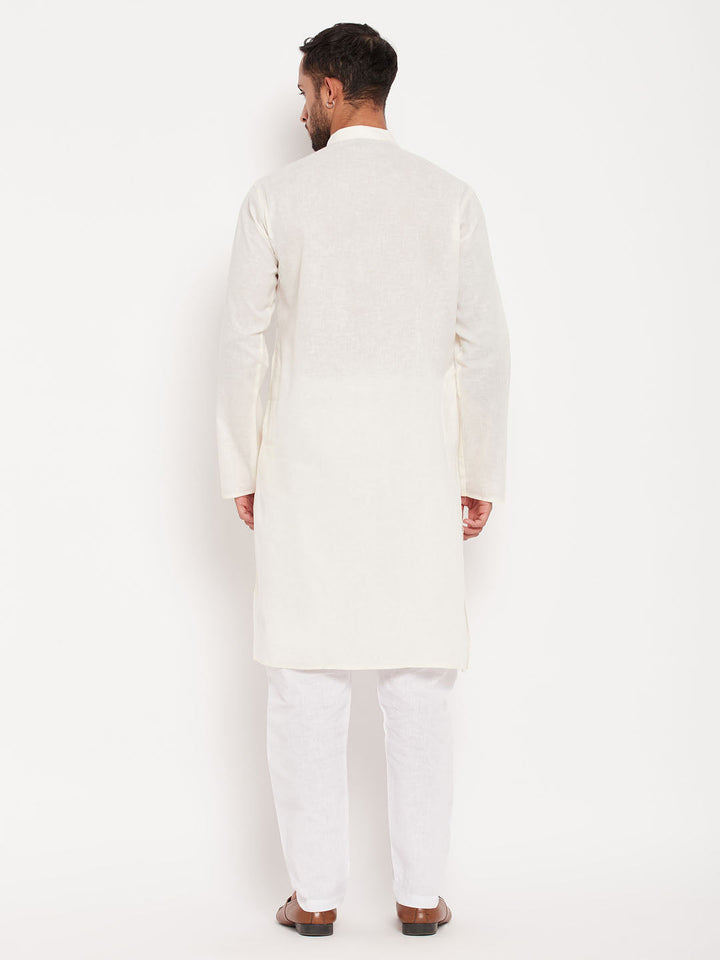 Sarvati Men's Cream Kurta With White Pyjama Set