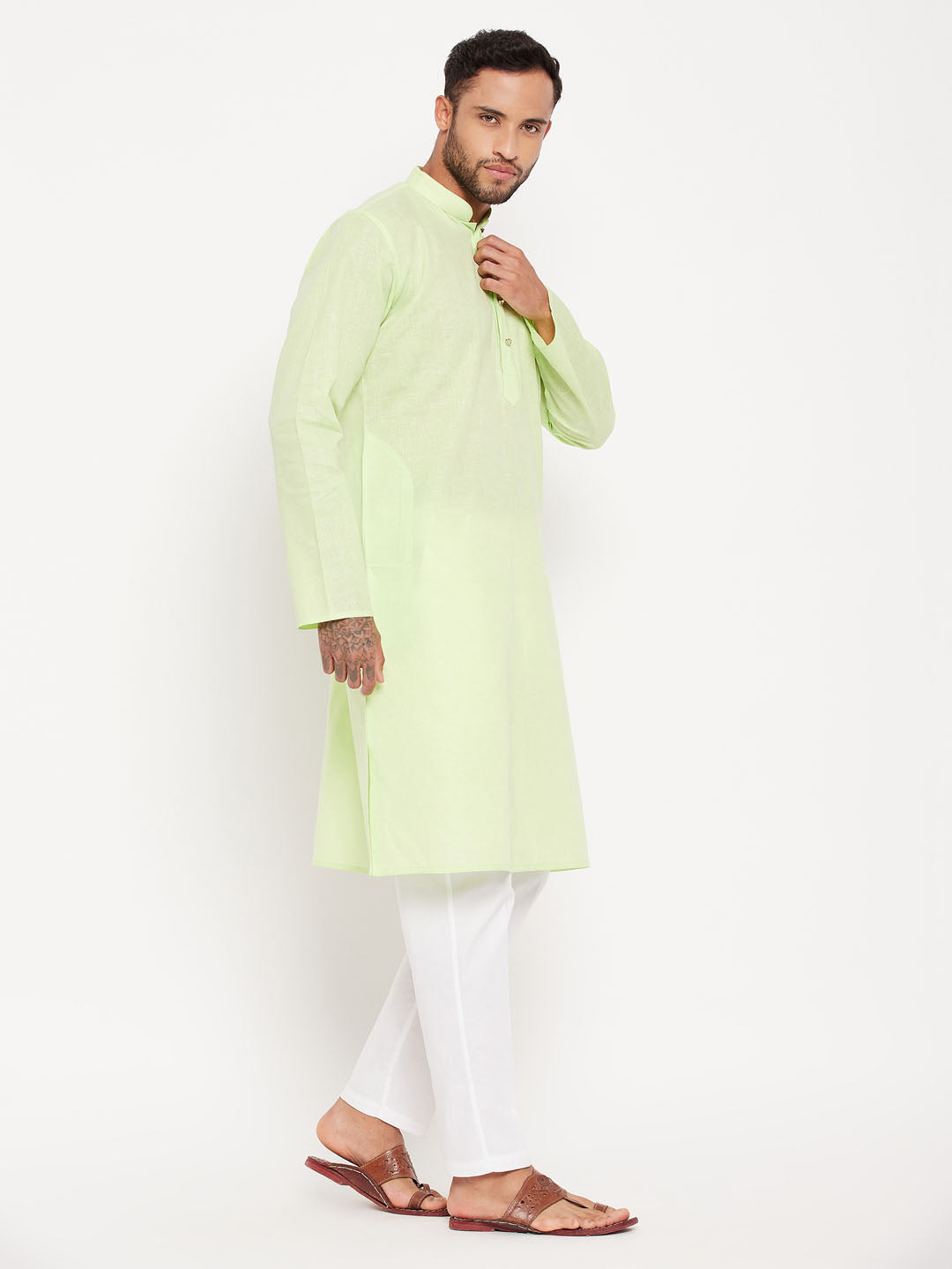 Sarvati Men's Green Kurta And White Pant Style Pyjama Set