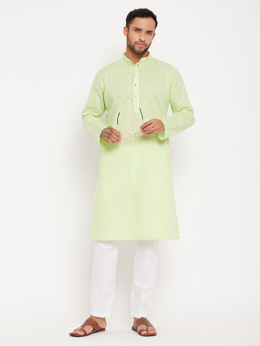 Sarvati Men's Green Kurta And White Pant Style Pyjama Set