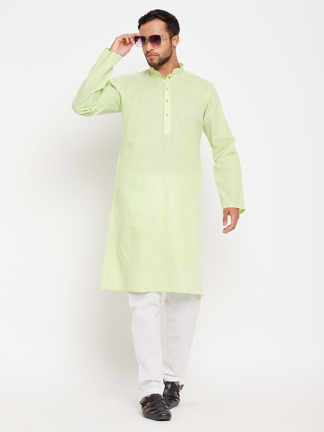 Sarvati Men's Green Cotton Kurta And White Pyjama Set