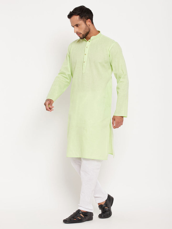 Sarvati Men's Green Cotton Kurta And White Pyjama Set