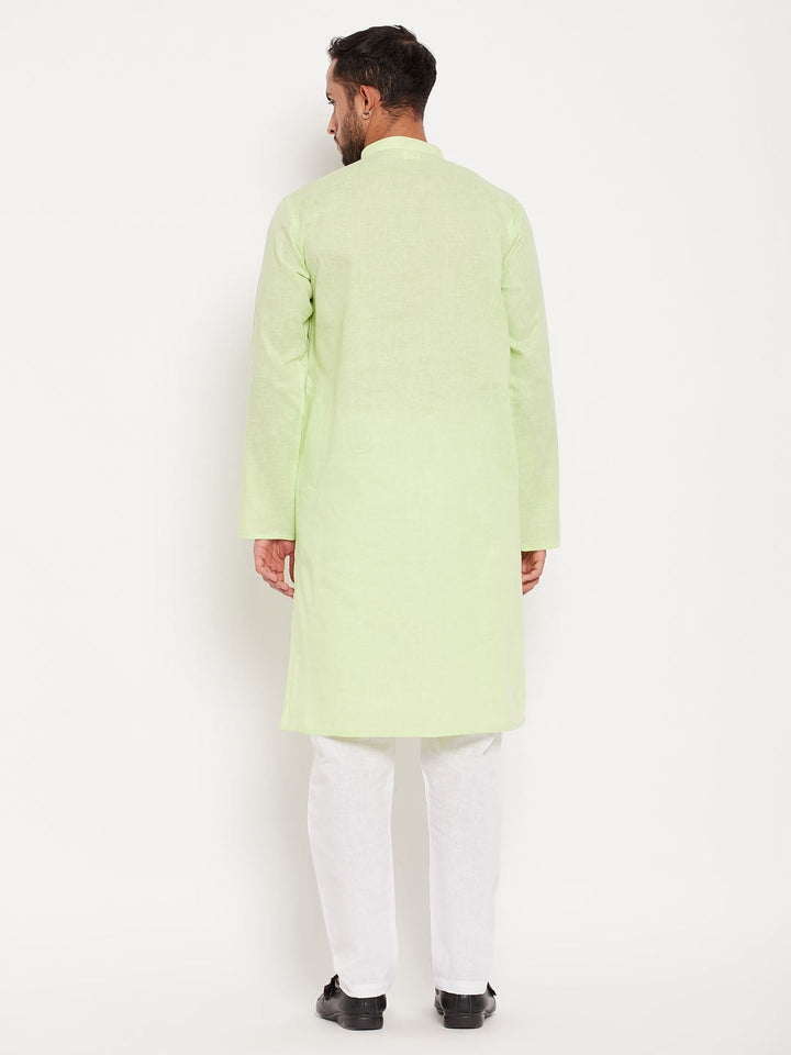 Sarvati Men's Green Cotton Kurta And White Pyjama Set