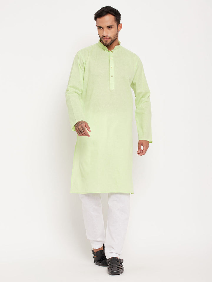 Sarvati Men's Green Cotton Kurta And White Pyjama Set