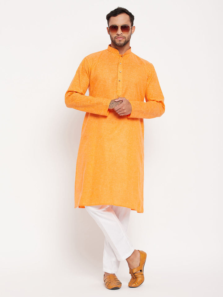 Sarvati Men's Orange Kurta And White Pant Style Pyjama Set