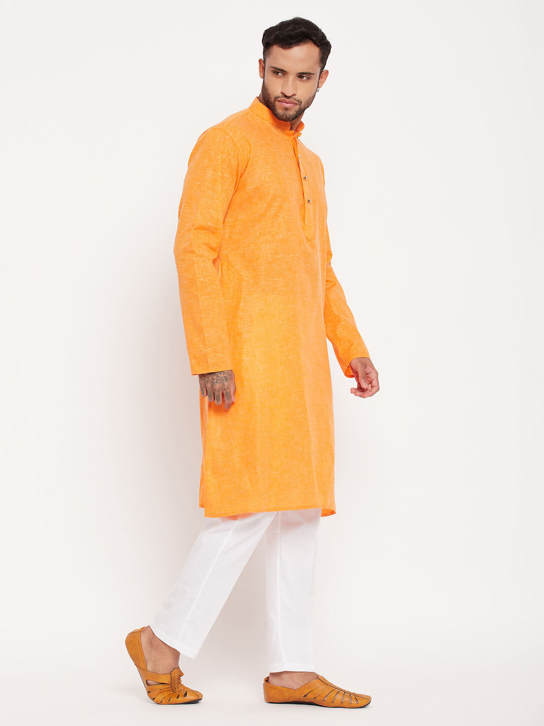 Sarvati Men's Orange Kurta And White Pant Style Pyjama Set