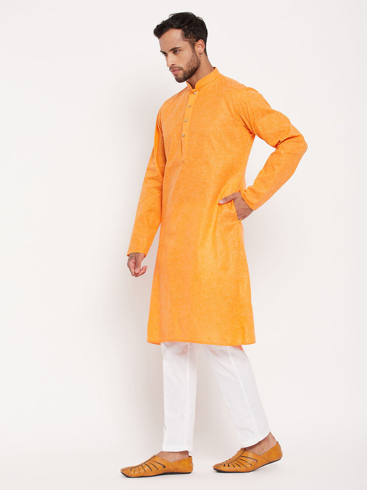 Sarvati Men's Orange Kurta And White Pant Style Pyjama Set