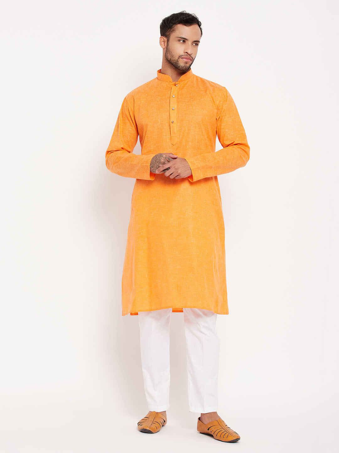 Sarvati Men's Orange Kurta And White Pant Style Pyjama Set