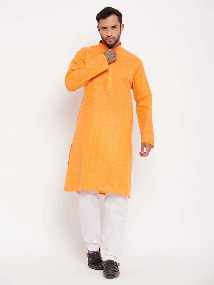 Sarvati Men's Orange Cotton Kurta And White Pyjama Set