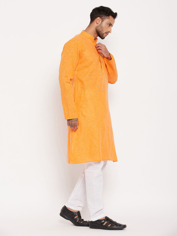 Sarvati Men's Orange Cotton Kurta And White Pyjama Set