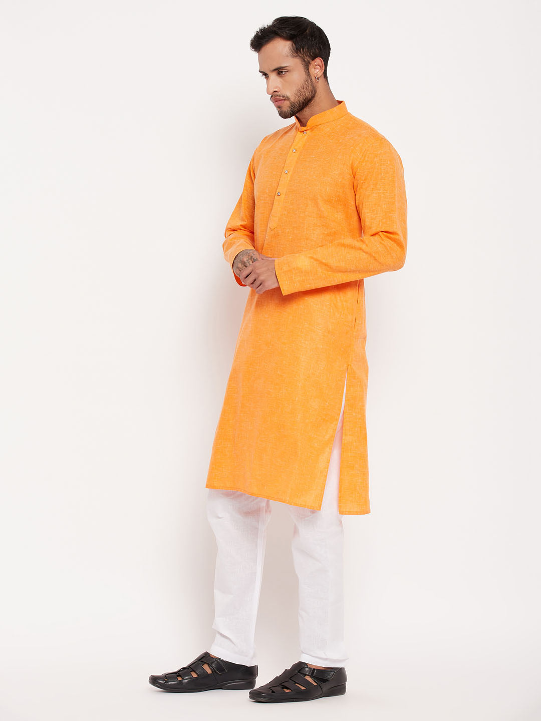 Sarvati Men's Orange Cotton Kurta And White Pyjama Set