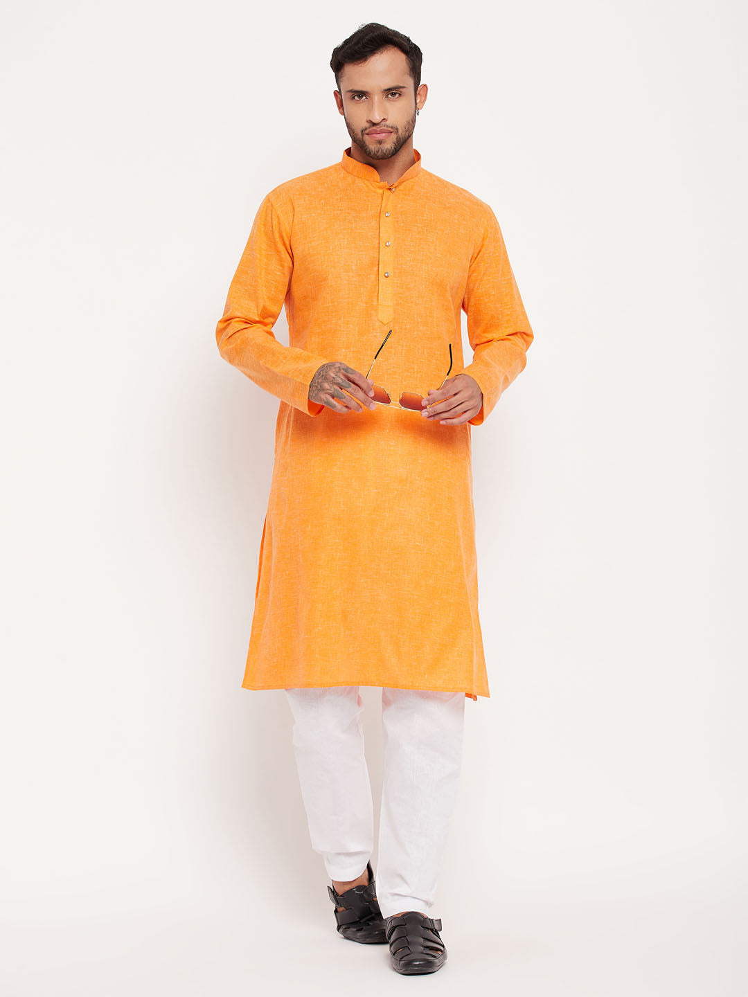 Sarvati Men's Orange Cotton Kurta And White Pyjama Set