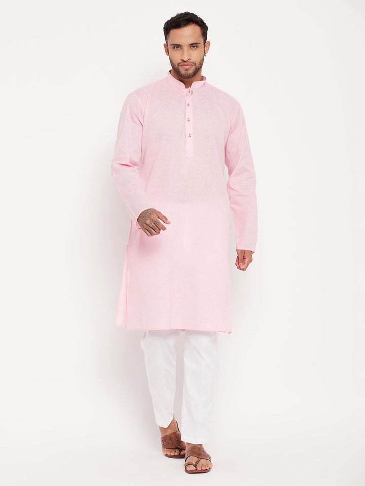 Sarvati Men's Pink Kurta And White Pant Style Pyjama Set