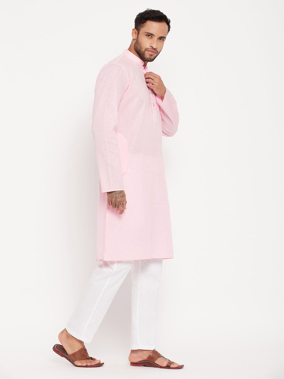 Sarvati Men's Pink Kurta And White Pant Style Pyjama Set