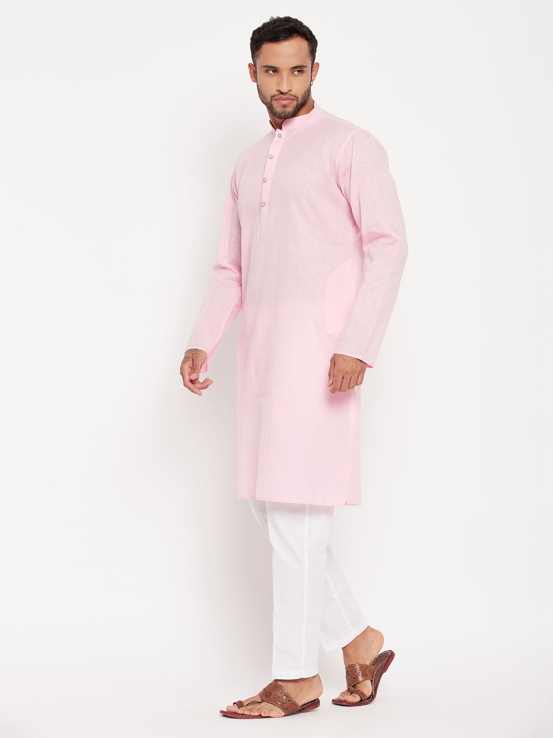 Sarvati Men's Pink Kurta And White Pant Style Pyjama Set