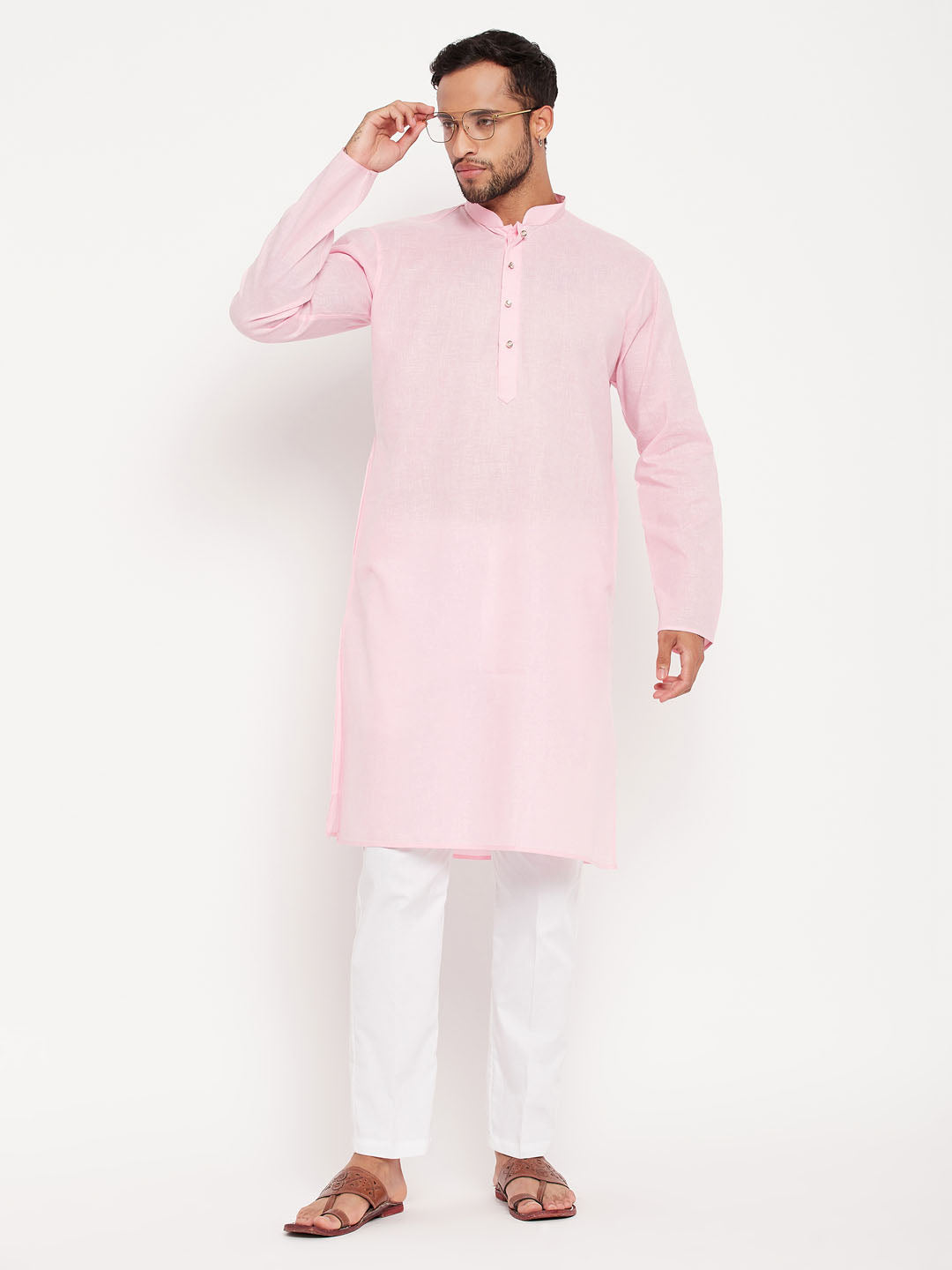 Sarvati Men's Pink Kurta And White Pant Style Pyjama Set