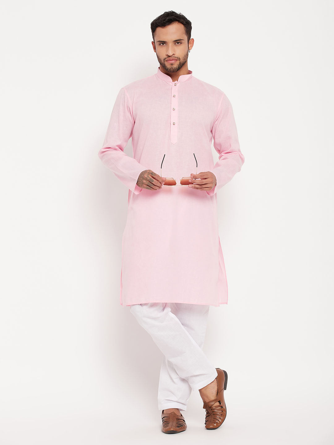 Sarvati Men's Pink Cotton Kurta And White Pyjama Set