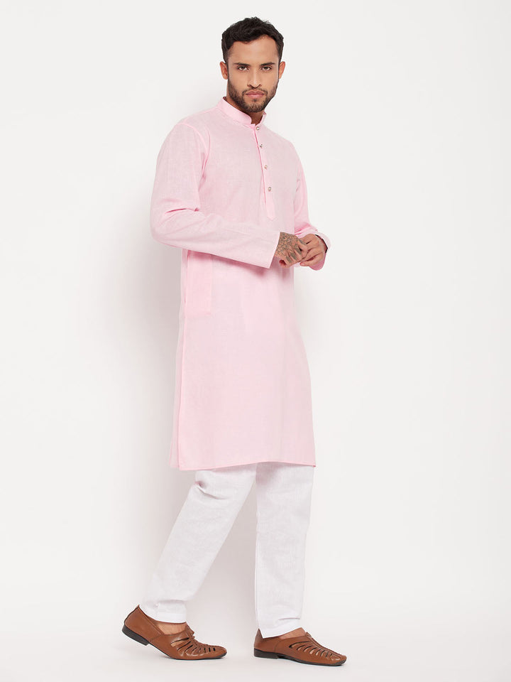 Sarvati Men's Pink Cotton Kurta And White Pyjama Set