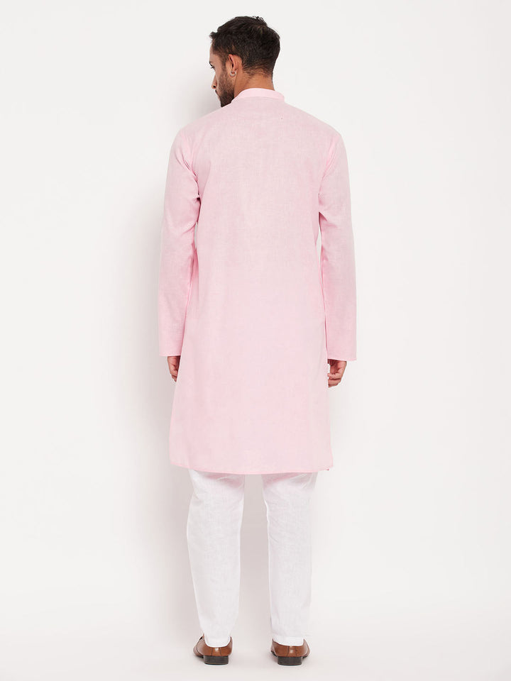 Sarvati Men's Pink Cotton Kurta And White Pyjama Set