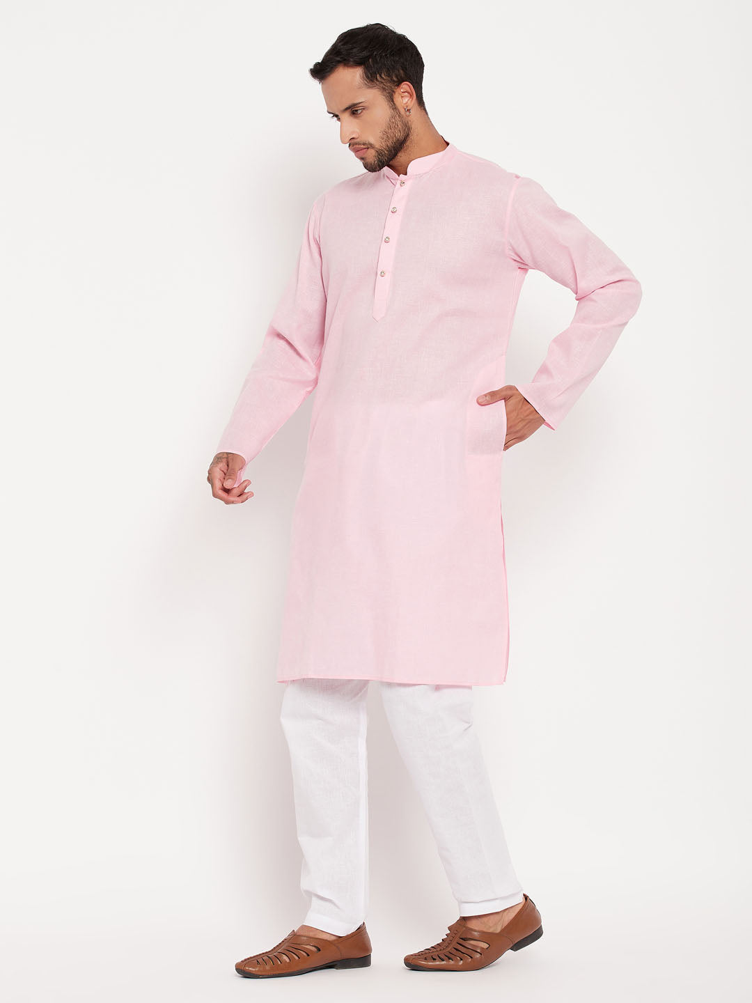 Sarvati Men's Pink Cotton Kurta And White Pyjama Set