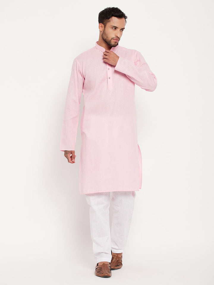 Sarvati Men's Pink Cotton Kurta And White Pyjama Set