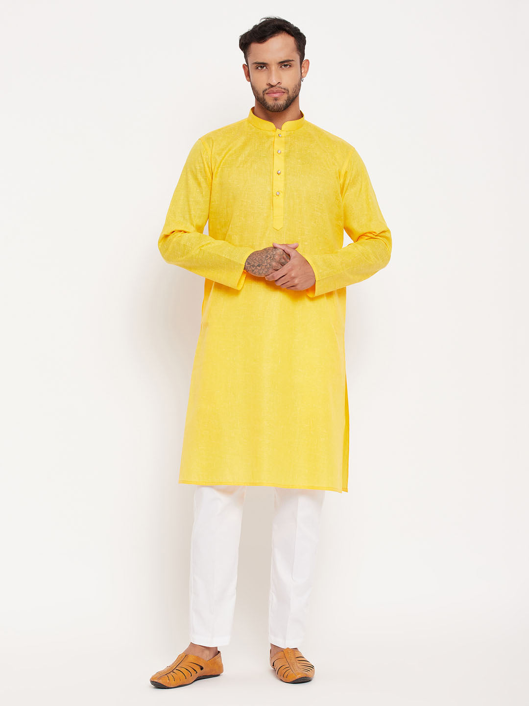 Sarvati Men's Yellow Kurta And White Pant Style Pyjama Set