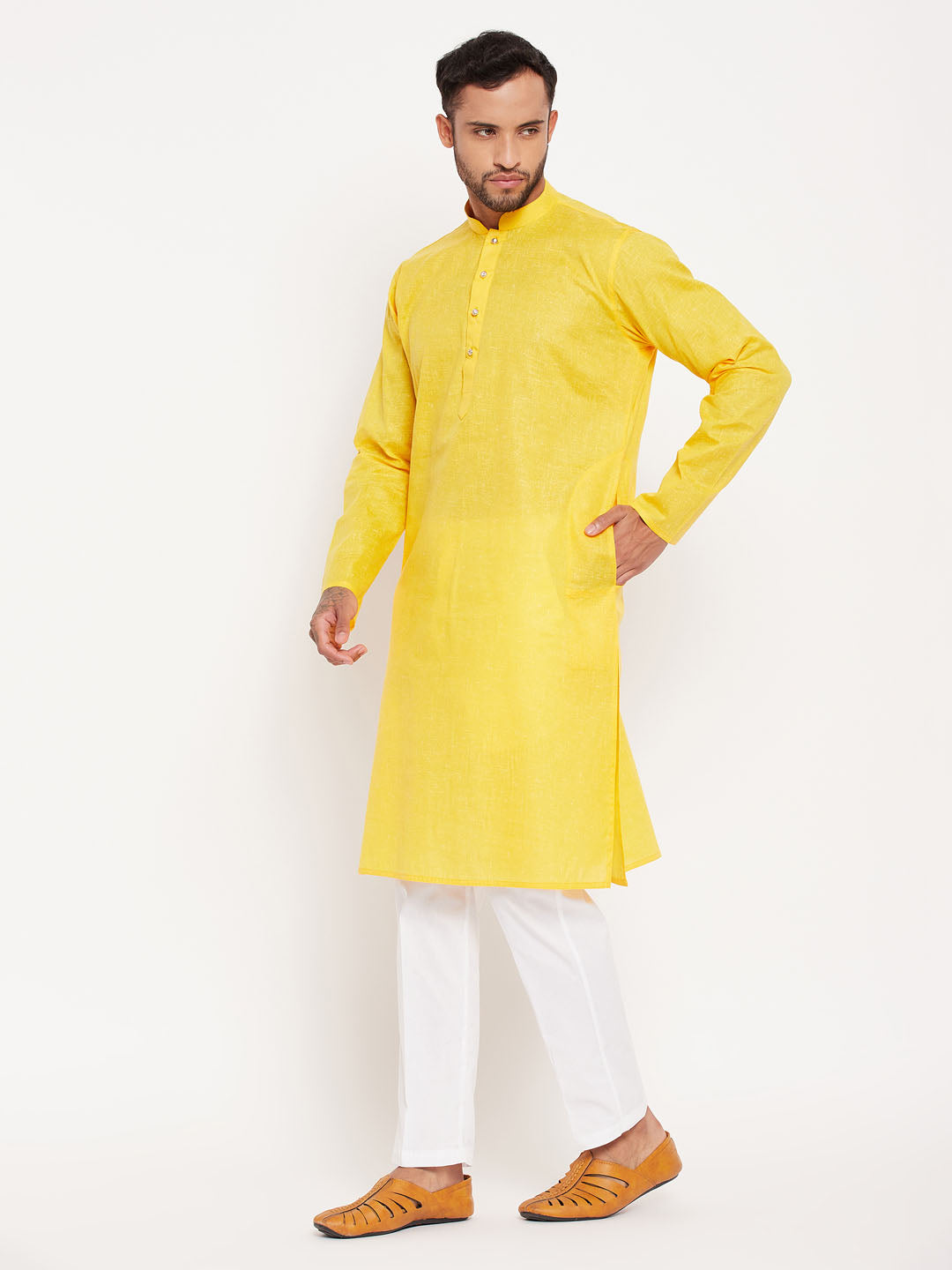 Sarvati Men's Yellow Kurta And White Pant Style Pyjama Set