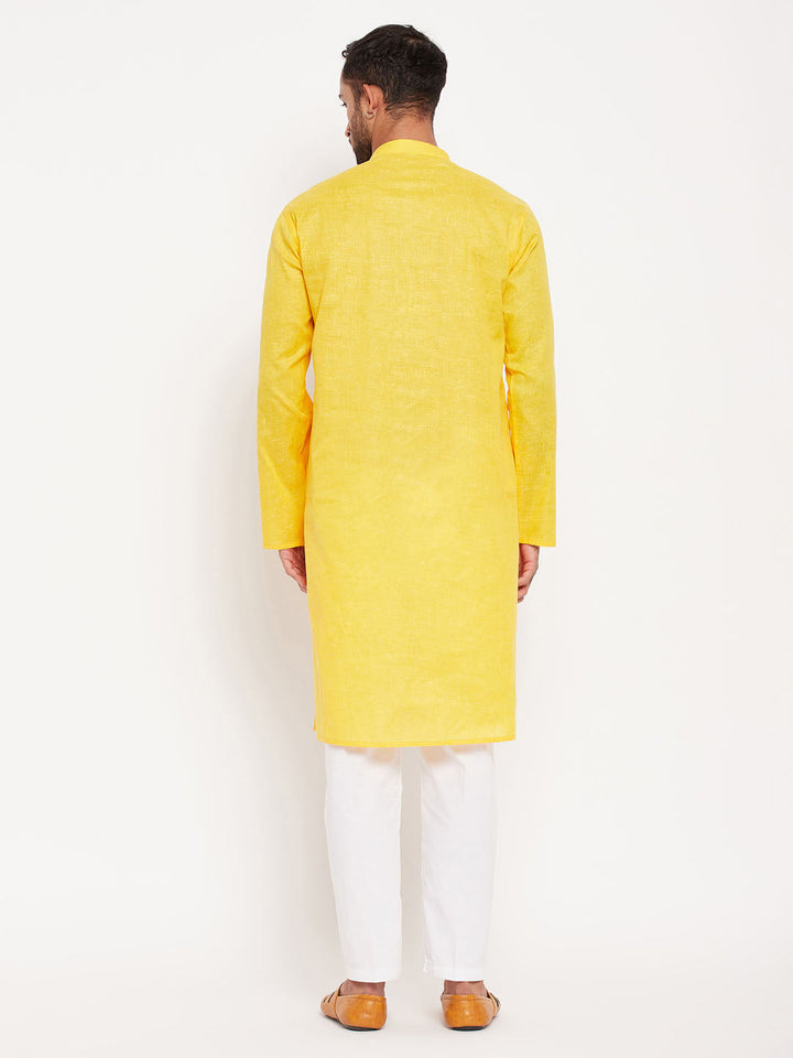 Sarvati Men's Yellow Kurta And White Pant Style Pyjama Set