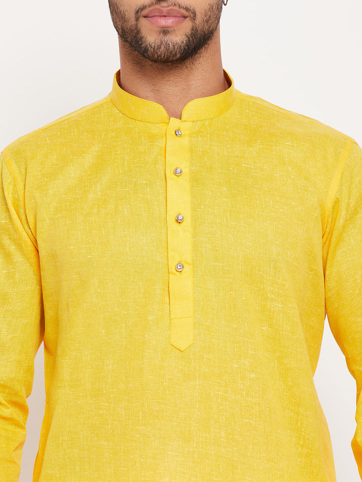 Sarvati Men's Yellow Kurta And White Pant Style Pyjama Set