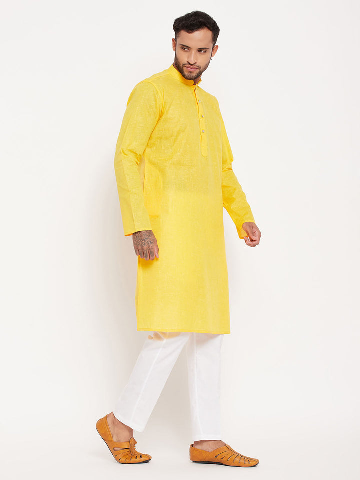 Sarvati Men's Yellow Kurta And White Pant Style Pyjama Set