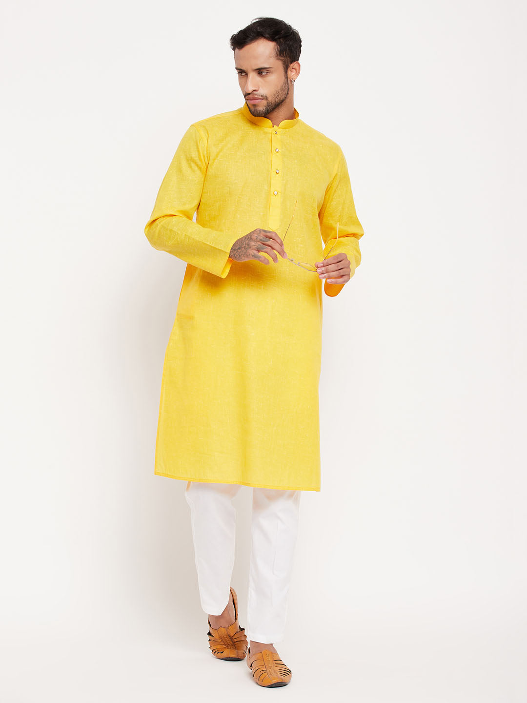 Sarvati Men's Yellow Kurta And White Pant Style Pyjama Set