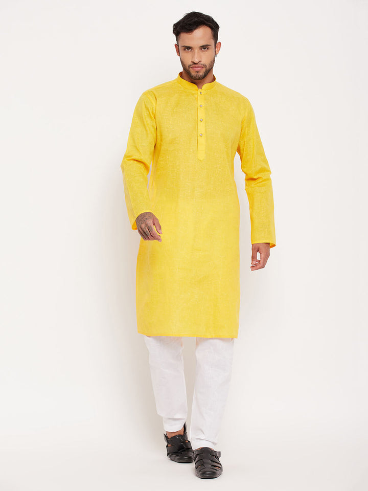 Sarvati Men's Yellow Cotton Kurta And White Pyjama Set